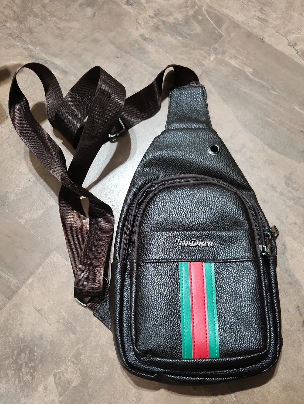 Black Faux Leather Sling Crossbody Bag with Green and Red Stripe
